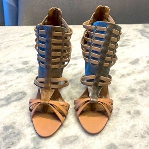 Delman tan & bronze leather strappy caged high heeled sandals. Size 7.5